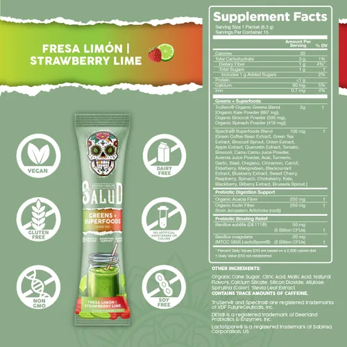 Vista 3 de Salud - Paquete de 2 paquetes de mezcla de bebidas verdes 2 en 1 en polvo + superalimentos, durazno mango y fresa lima, 15 porciones cada una, más
