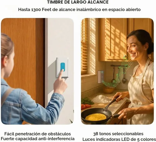 Vista 2 de Timbre inalámbrico con luz nocturna y 2 tomas de corriente, alcance de 1300 pies, impermeable, modo de no molestar, sin instalación de perforación