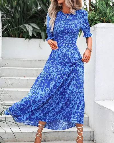 Vista 96 de BTFBM Vestidos para mujer, cuello redondo, casual, de verano, con volantes, manga corta, bohemio, con niveles, fruncido, largo, con estampado floral