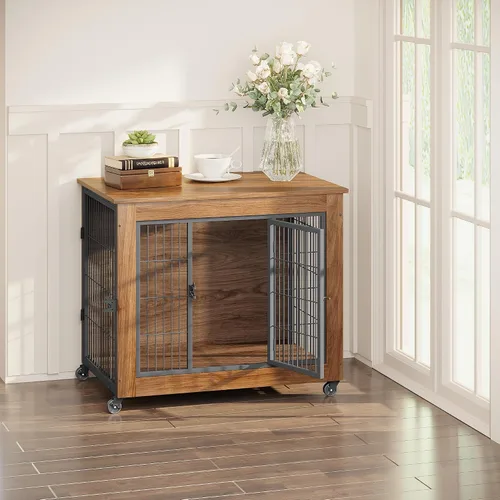 Vista 8 de Mueble de jaula para perros de 32.5 pulgadas con ruedas, mesa de madera resistente para perreras, jaula para mascotas de interior con 2 puertas