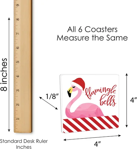Vista 6 de Big Dot of Happiness Flamingle Bells - Divertidas decoraciones tropicales para fiestas de Navidad, posavasos para bebidas, juego de 6