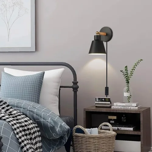 Vista 4 de ClanKin Juego de 2 apliques de pared enchufables, lámpara de pared para dormitorio industrial, lámpara de pared para baño, pasillo, sala de estar