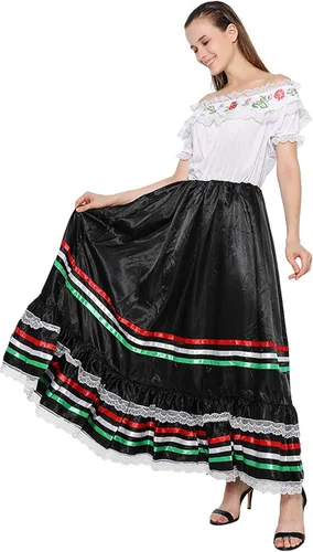 Vista 4 de FantastCostumes Vestido tradicional mexicano para mujer, vestido de encaje con flores de Senorita, disfraz de fiesta, vestido español