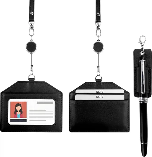 Vista 12 de boshiho - Soporte para tarjetas de identificación de crédito de piel auténtica con cordón elástico para el cuello, estilo vertical (negro)