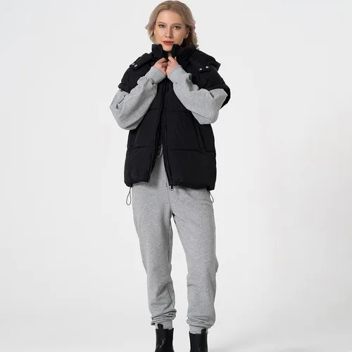 Vista 30 de Shiyifa Chaleco acolchado para mujer, chaqueta de gran tamaño, sin mangas, ligera, con cremallera, con capucha desmontable