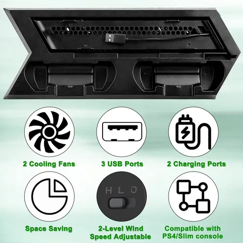 Vista 5 de OSTENT Dual Motors Cooling Fan Radiator Charger Station USB Hub Vertical Stand for Sony PS4Slim Console