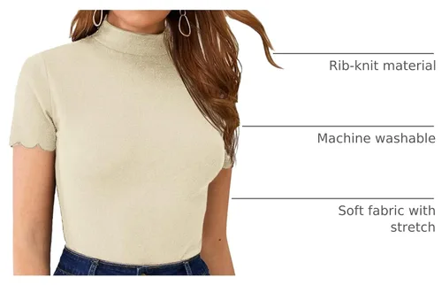 Vista 4 de SweatyRocks - Camiseta de manga corta con cuello alto, canalé y bordes envoltorio para mujer Beige