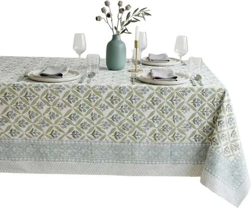 Vista 28 de ATOSII Amalfi - Mantel redondo de verano 100% algodón, estampado en bloques, para comedor, bodas, exteriores, fiestas, I Grand Millenial Farmhouse