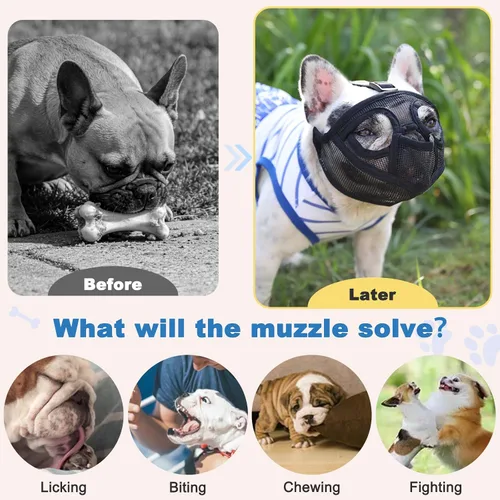Vista 6 de BARKLESS Bozal de bulldog francés, bozal corto de malla para perro con diseño de lengua hacia fuera para perro de cara plana Shih Tzu Bulldog Negro