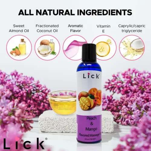 Vista 4 de Lick Aceite de masaje con sabor a mango de durazno – Aceite de masaje comestible de mezcla tropical jugosa con vitamina E, ligero deslizamiento