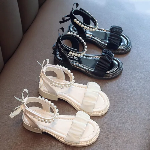 Vista 2 de synia Sandalias para niñas con velcro, sandalias suaves de tacón bajo con perlas, zapatos de verano para niños pequeñosniños grandes