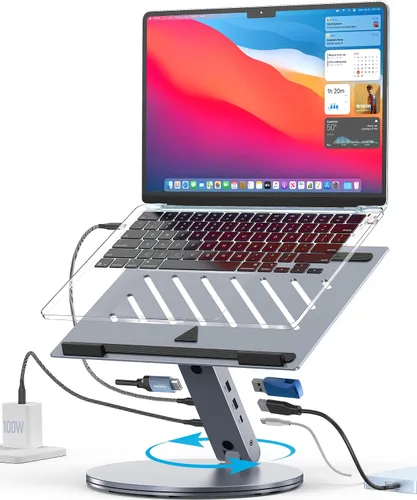 Vista 10 de YICOSUN - Soporte para computadora portátil para escritorio, soporte de computadora ajustable en altura giratoria de 360°, elevador ergonómico
