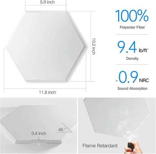 Vista 3 de Paquete de 12 paneles acústicos autoadhesivos de 12 x 10 x 0.4 pulgadas, paneles de espuma a prueba de sonido para paredes, diseño hexagonal Blanco