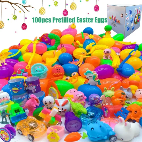 Vista 2 de 100 huevos de Pascua rellenos con juguetes novedosos, colores brillantes para cestas de Pascua, recuerdos de fiesta de Pascua y caza