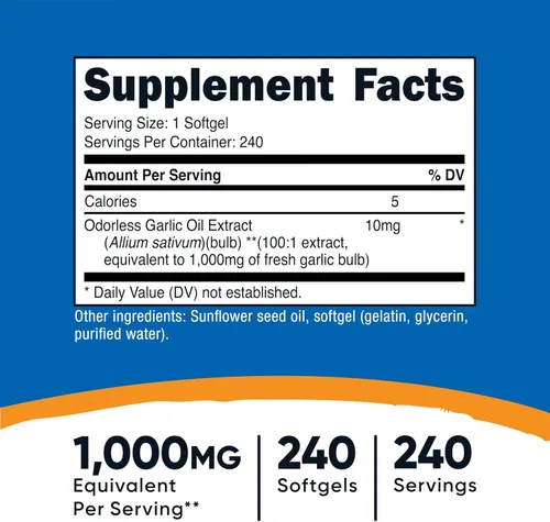 Vista 2 de Nutricost Ajo 1000 mg, 240 cápsulas blandas - Suplemento de ajo de alta potencia, sin gluten