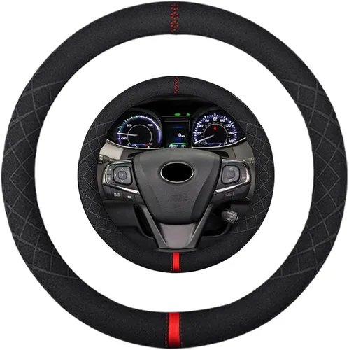 Vista 54 de Funda de volante de gamuza de 14 pulgadas, compatible con Tesla Model 3 Model Y, funda de volante deportiva de cuero gamuza antideslizante