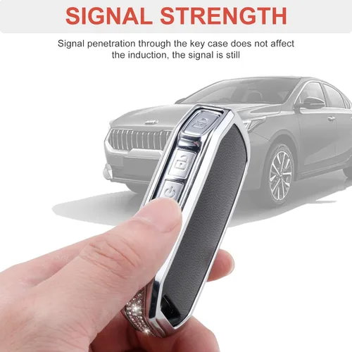 Vista 4 de Compatible with Kia Key Fob Cover with Keychain Genuine Leather Crystal Key Protector
