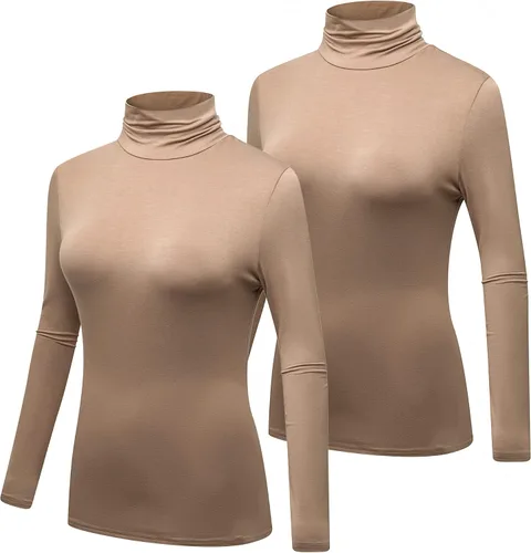 Vista 2 de Paquete de 2 camisetas de manga larga con cuello alto para mujer, básicas, elásticas, cómodas, de cuello alto