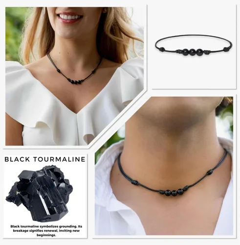 Vista 6 de Collar de perlas de turmalina anudadas con cordón de nailon de cera ajustable, gargantilla de cristal unisex de buena suerte con cuentas