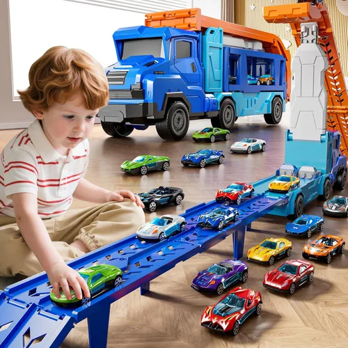 Vista 5 de Juego de camiones y coches para niños de 3, 4, 5, 6, 7, 8 años, juego de camiones transportadores con pista de 12 coches fundidos a presión