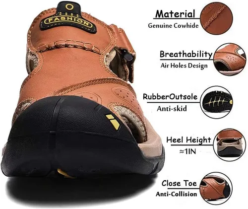 Vista 2 de VISIONREAST Sandalias de cuero para hombre, sandalias de senderismo al aire libre, impermeables, atléticas, deportivas, para pescador, zapatos
