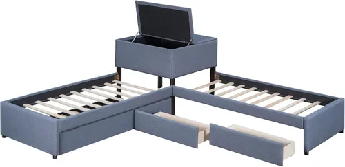 Vista 5 de Harper & Bright Designs Cama de plataforma individual tapizada en forma de L con nido y dos cajones vinculados con escritorio integrado, individual