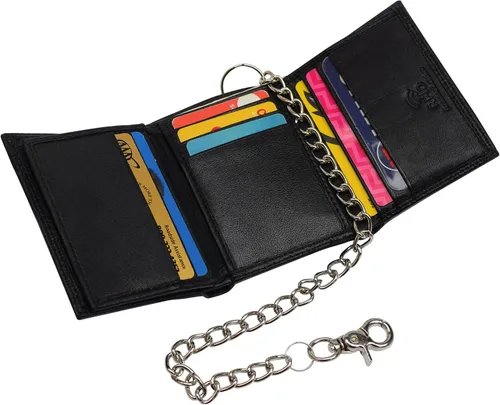 Vista 5 de Billetera triple con cadena de cuero de primera calidad con bloqueo RFID para hombre, Negro con cadena., Cartera de cadena