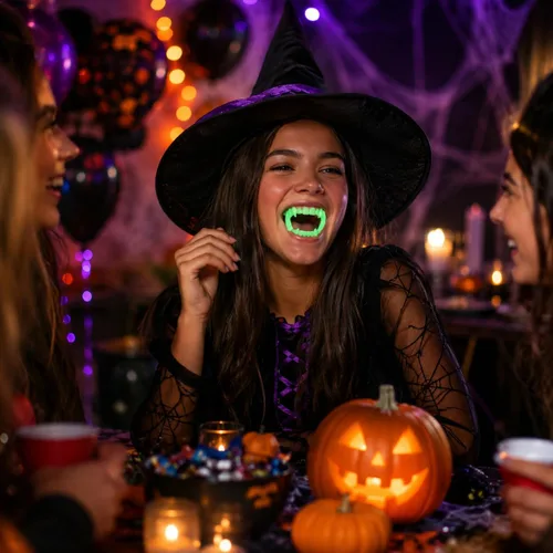 Vista 8 de 12 piezas de dientes de Halloween que brillan en la oscuridad colmillos, disfrazarse, juego de simulación
