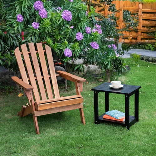 Vista 7 de Mesa de acento Adirondack negra para exteriores – Mesa auxiliar de madera de acacia resistente a la intemperie con almacenamiento doble, pequeña