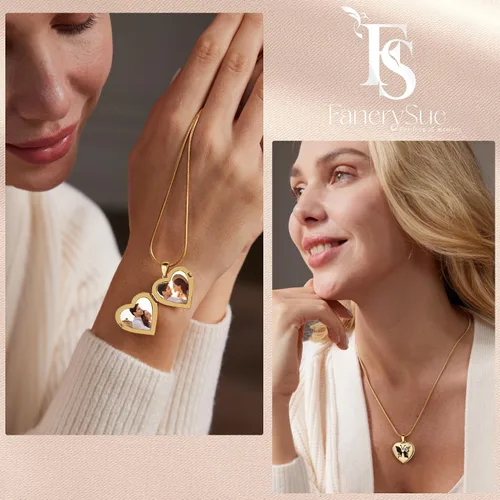 Vista 2 de Fanery Sue Personalized Heart Locket Necklace that Holds Pictures, Customize Photo Pendant Picture Jewelry Mothers Day Gifts for Women