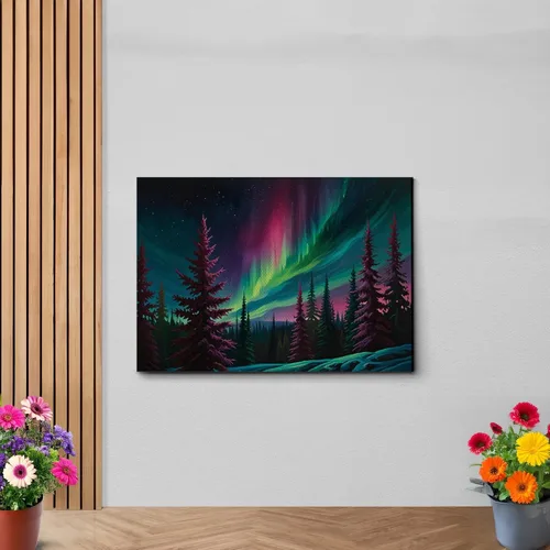 Vista 6 de Aurora Borealis, Northern Lights Art, framed canvas print, snow capped mountain landscape art, synthwave vaporwave, Decor Canvas, Print