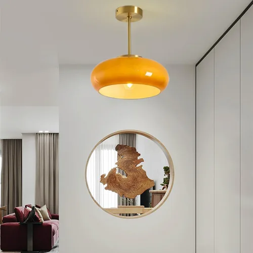 Vista 4 de Lámpara de techo semiempotrada de cristal, moderna cerca del techo, pantalla de cristal de cúpula naranja de 11 pulgadas, lámpara de techo dorada