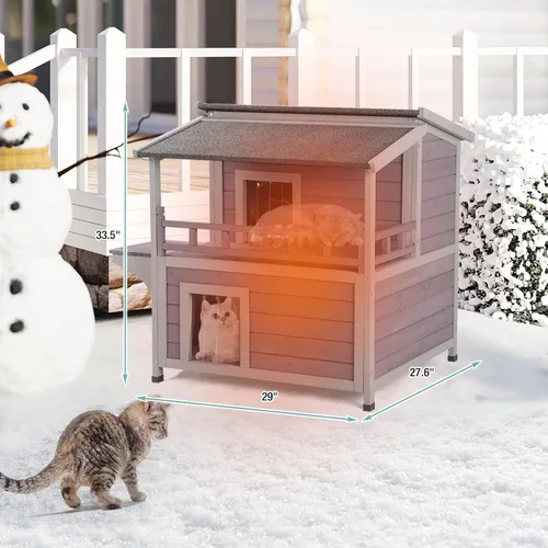 Vista 7 de Casa climatizada para gatos al aire libre, refugio aislado resistente a la intemperie de 2 pisos para invierno, almohadilla lavable desmontable