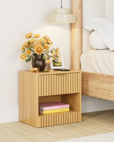 Vista 7 de Mesita de noche pequeña, mesita de noche moderna, mesita de noche con cajón y estante abierto, diseño de cubo, mesa auxiliar pequeña
