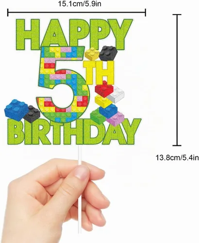 Vista 4 de Decoración de pastel de bloque de construcción de feliz 5º cumpleaños – Juegos de rompecabezas para fiesta de 5 cumpleaños de niño, suministros