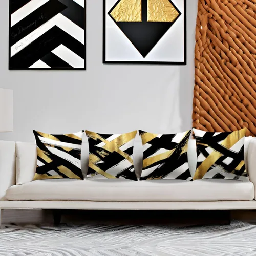 Vista 2 de Juego de 4 fundas de almohada negras y doradas, fundas de almohada de 18 x 18 pulgadas, almohadas geométricas abstractas a rayas para decoración