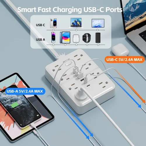 Vista 5 de Tira de alimentación ultra delgada con protector de sobrecarga y sobretensión, enchufe de pared plano con 8 tomas de CA y 6 USB (2 USB C)