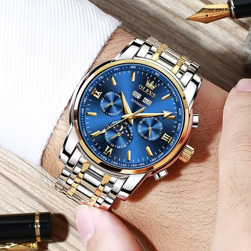Vista 2 de OLEVS Automatic Mechanical Watches for Men Self Winding no Battery Stainless Steel Strap Luxury Moon Phase Luminous Waterproof Wrist Watch