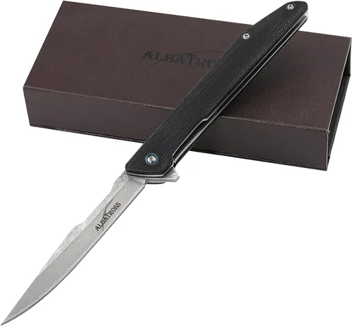 Vista 8 de ALBATROSS EDC Navaja de bolsillo plegable de Damasco VG10 delgada, ideal para camping; hoja de Damasco de 3.5", mango de 4.5" de madera de sándalo