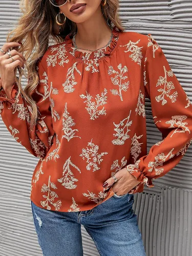 Vista 4 de Floerns - Blusa de chifón georgette de manga larga con estampado floral y cuello alto