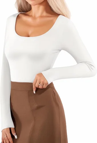 Vista 3 de MANGOPOP Women's Basic Bodysuits Scoop Neck Long Sleeve Body Suit Shirt Tops