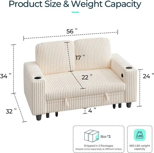 Vista 2 de LINSY HOME Sofá Loveseat con Almacenamiento - Cómodo Sofá de Pana Suave de 2 Plazas con Carga USB y Portavasos, Loveseat de Asiento Profundo