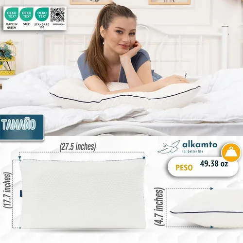 Vista 4 de alkamto Almohada de espuma viscoelástica de 27.5 x 18 pulgadas, almohada ergonómica de apoyo para el cuello, certificada Oeko-Tex, funda