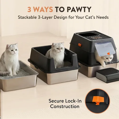 Vista 4 de Caja de arena XL de acero inoxidable para gatos con recinto y rastrillo - Caja de arena negra duradera de metal para gatos grandes, lados altos
