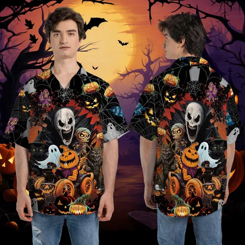 Vista 2 de Camisas hawaianas góticas para hombre, juego de camisas hawaianas con botones de terror para Halloween, 58 Halloween_31