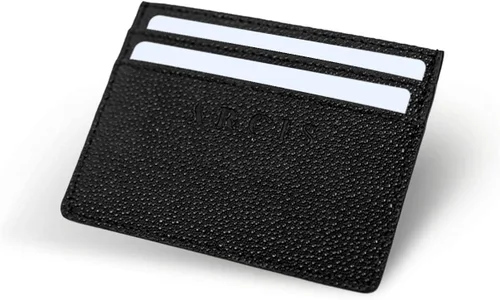 Vista 2 de Cartera minimalista para hombre con 5 ranuras para tarjetas piel auténtica negro y azul marino pequeño y delgado soporte para tarjetas de crédito