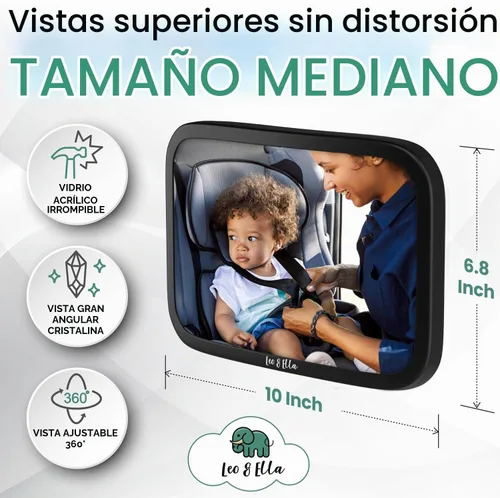 Vista 4 de Leo&Ella Espejo de coche para bebé, tamaño mediano, con montaje ajustable de 360°, visión infantil ultra transparente, inastillable, montaje