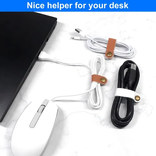 Vista 5 de Coideal - Organizador de cables de cuero, 20 piezas para cables de auriculares, reutilizables, USB, con clips de cable a presión para teléfono Blanco