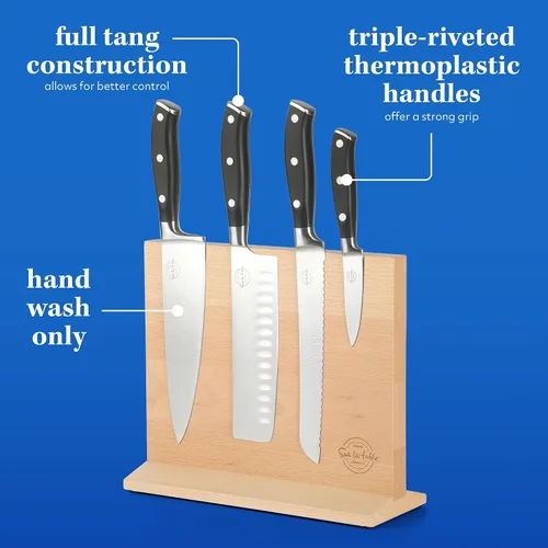 Vista 3 de Sur La Table Kitchen Essentials - Juego de 5 piezas de cuchillos de acero alemán con mango triple remachado en bloque magnético de madera de haya