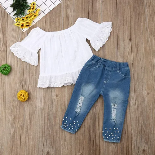 Vista 8 de Conjunto de vestir para bebé y niña, con camiseta sin mangas y pantalón corto vaquero desgarrado, conjunto de vestir de falda o pantalón corto